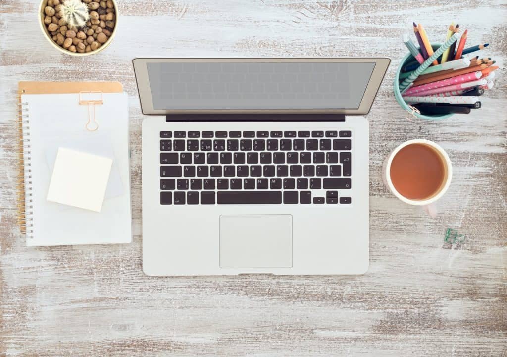 Work from home, online shopping, learning. Top view. Distance education. Desk, laptop